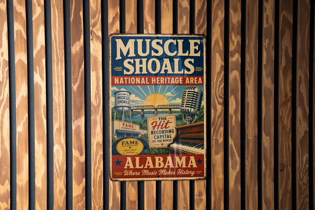 A vintage metal sign advertising the Muscle Shoals National Heritage Area in Alabama, featuring a microphone, a piano, and a sign for the Hit Recording Capital.