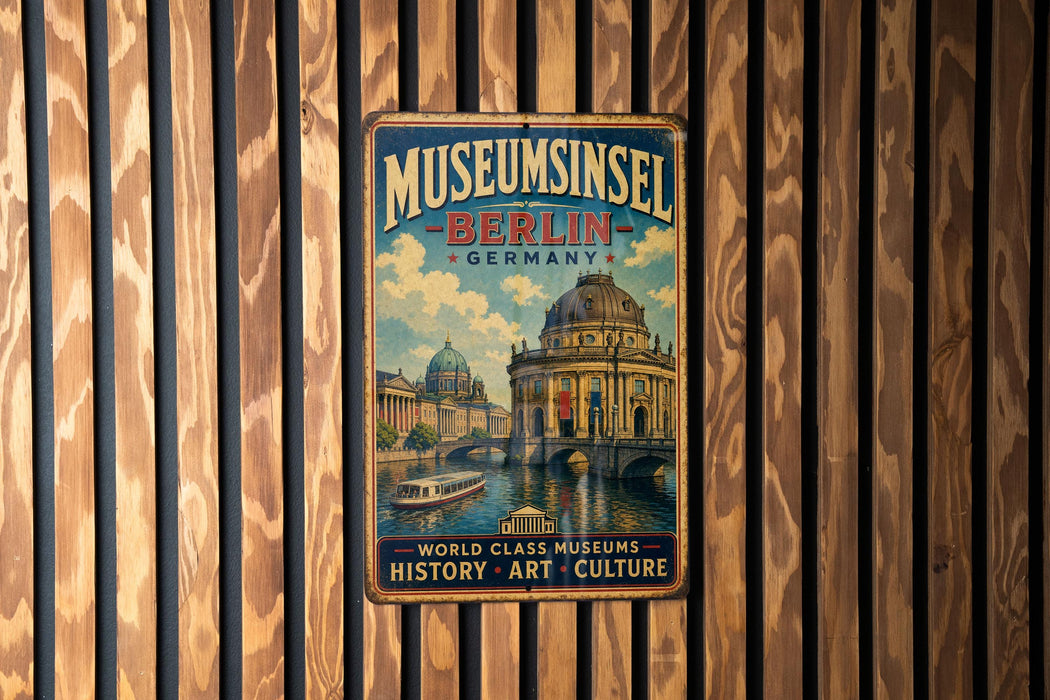 A vintage metal sign for the Museuminssel in Berlin, Germany, featuring an illustration of the Berliner Dom, a famous landmark in the city.