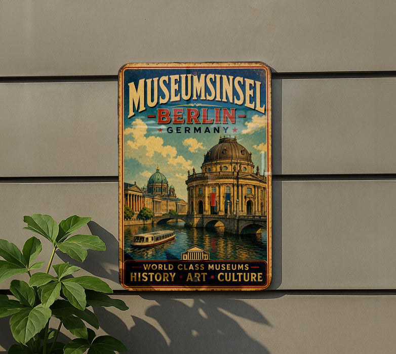 A vintage metal sign advertising the Berlin Museum in Germany, featuring an illustration of the Berlin Wall and the Berliner Dom, a famous landmark in Berlin.