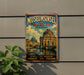 A vintage metal sign advertising the Berlin Museum in Germany, featuring an illustration of the Berlin Wall and the Berliner Dom, a famous landmark in Berlin.