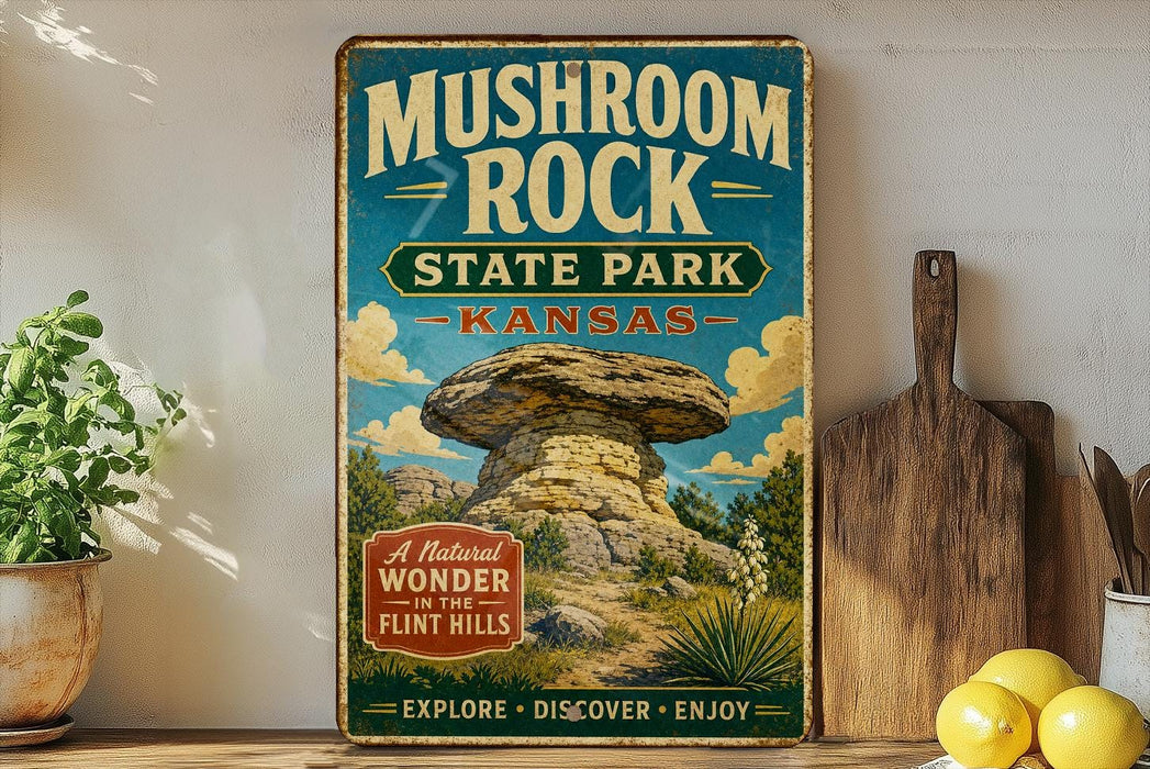 A vintage-style sign for Mushroom Rock State Park in Kansas, featuring a large mushroom formation and text promoting the park's natural wonders.