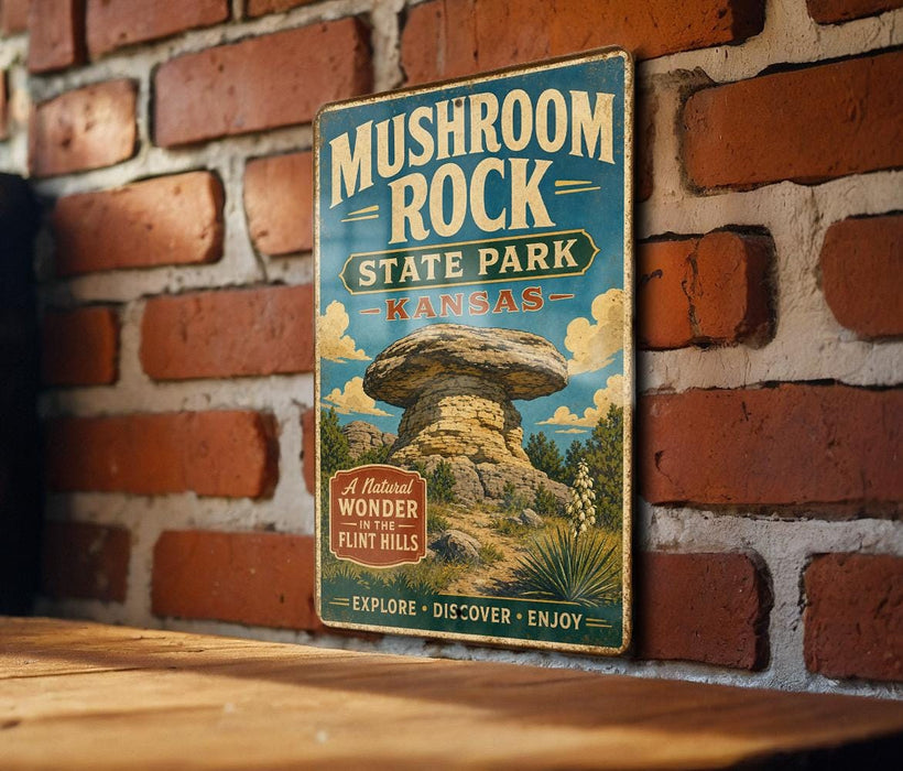 A vintage metal sign for Mushroom Rock State Park in Kansas, featuring an illustration of a mushroom formation and text promoting the park's natural beauty and outdoor activities.