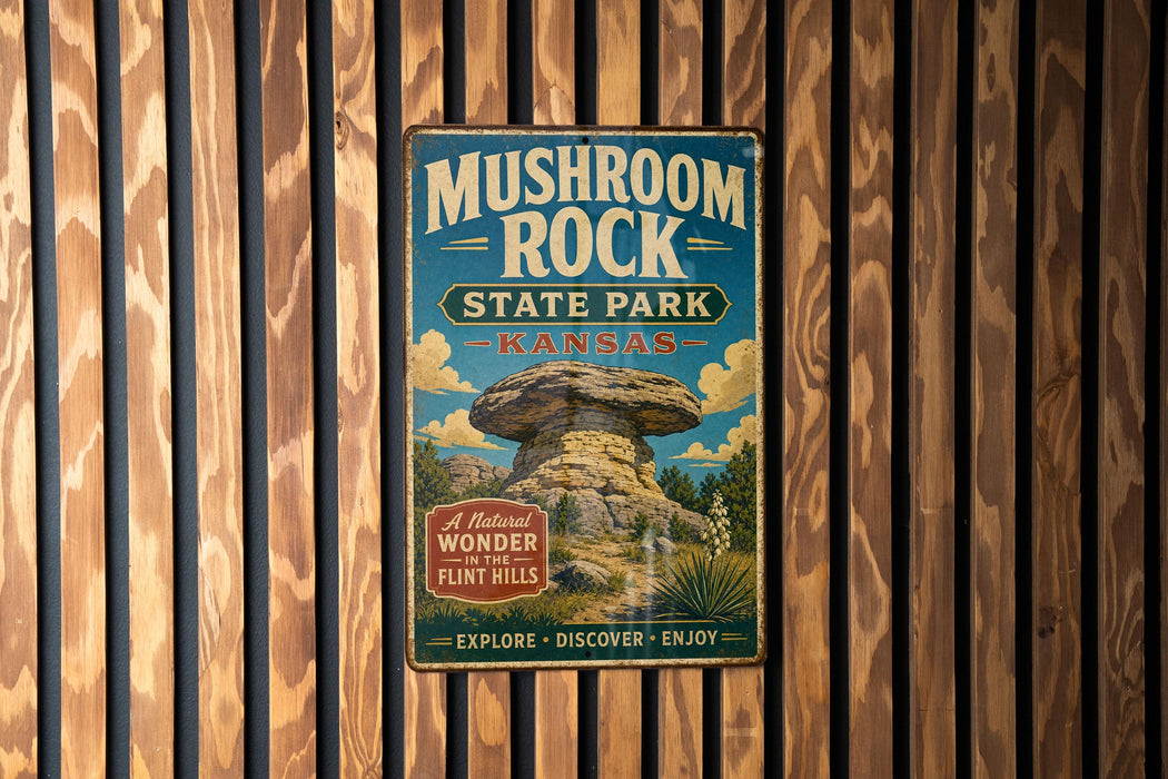 A vintage metal sign for Mushroom Rock State Park in Kansas, featuring an illustration of a mushroom formation and text promoting the park's natural beauty and wonder.