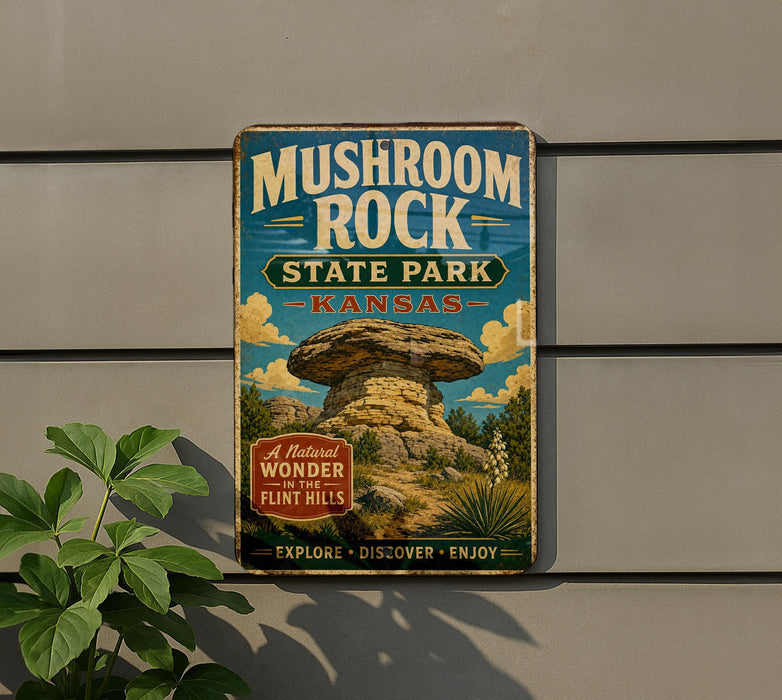 A vintage-style sign for Mushroom Rock State Park in Kansas, featuring a large mushroom formation and text promoting the park's natural beauty and recreational opportunities.