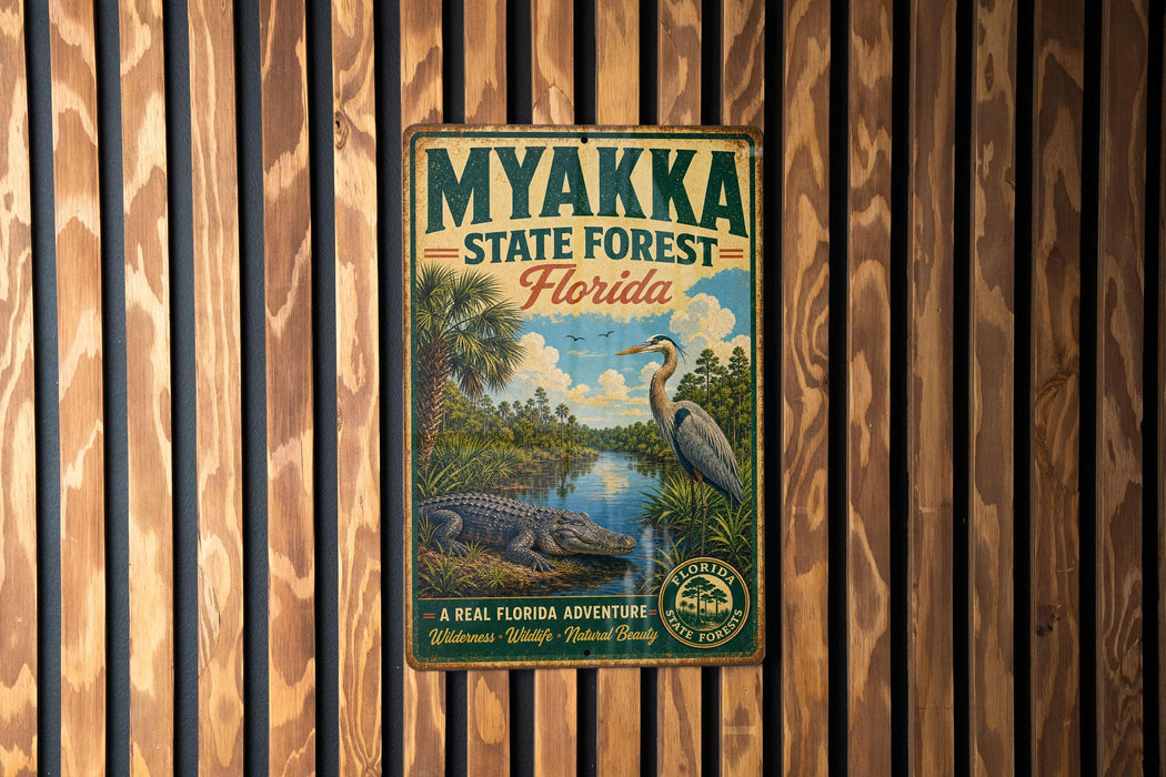 A vintage-style metal sign for the Myakka State Forest in Florida, featuring an illustration of a bird and a crocodile, mounted on a wooden wall.