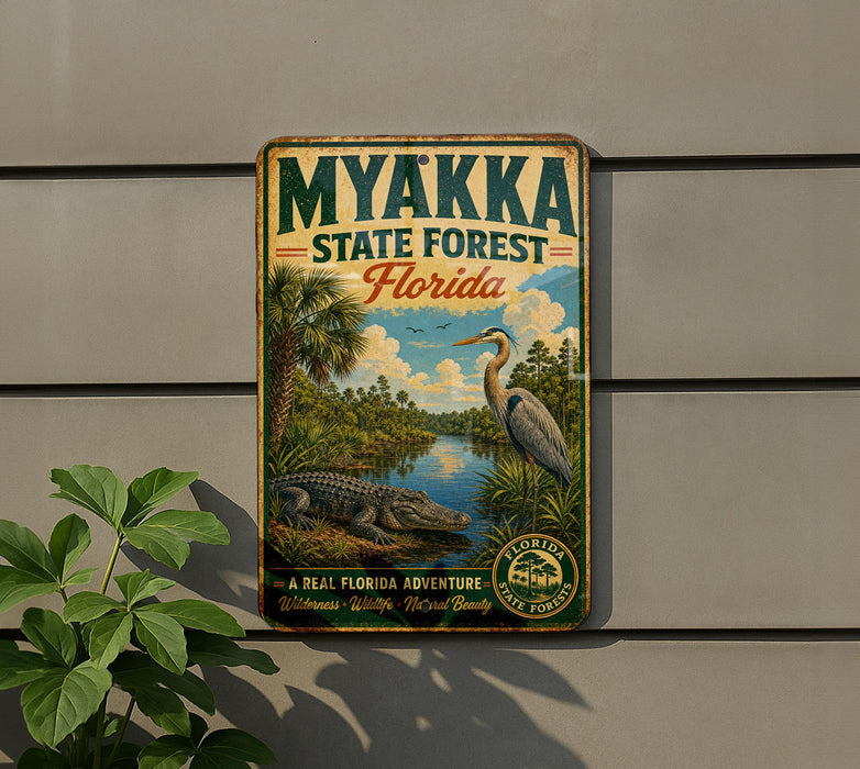 A vintage-style metal sign for the Myakka State Forest in Florida, featuring a scenic illustration of a bird, all set against a backdrop of palm trees and a river.