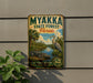 A vintage-style metal sign for the Myakka State Forest in Florida, featuring a scenic illustration of a bird, all set against a backdrop of palm trees and a river.