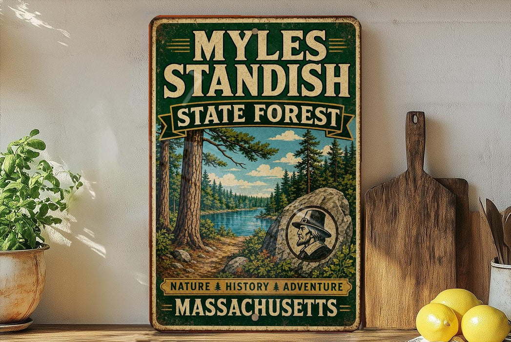 A vintage-style metal sign for the Myles Standish State Forest in Massachusetts, featuring a scenic illustration of a forest and a river.