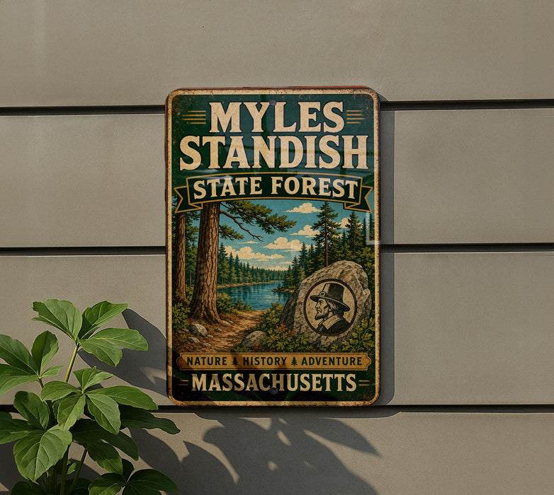 A vintage-style metal sign for the Myles Standish State Forest in Massachusetts, featuring a scenic landscape with pine trees, a lake, and a man in a hat.