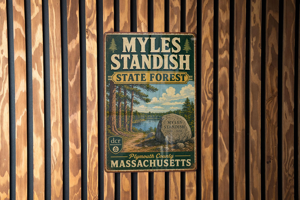 A vintage metal sign for Myles Standish State Forest in Plymouth County, Massachusetts, featuring a scenic illustration of a forest and a lake.