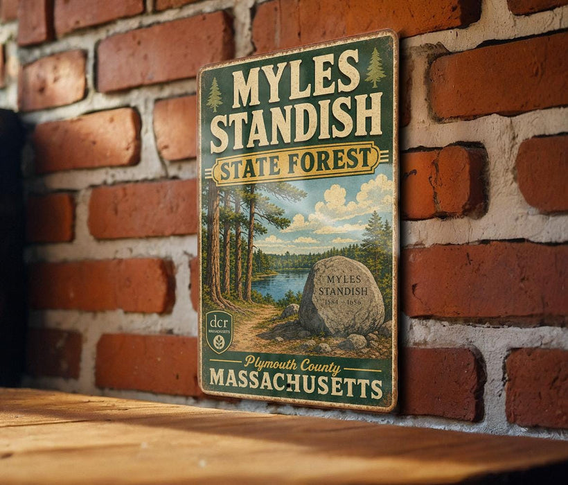 A vintage-style metal sign for the Myles Standish State Forest in Plymouth, Massachusetts, mounted on a brick wall.