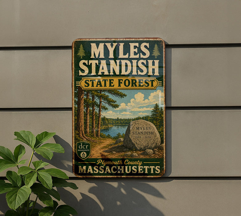 A vintage metal sign for Myles Standish State Forest in Plymouth, Massachusetts, featuring a scenic landscape with pine trees, a lake, and a large rock.