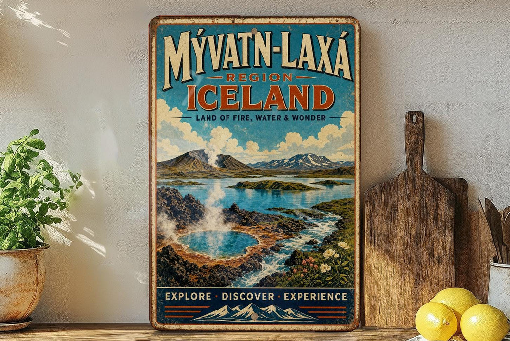 a vintage travel poster advertising the region of Iceland, with a scenic landscape of mountains, water, and steam.
