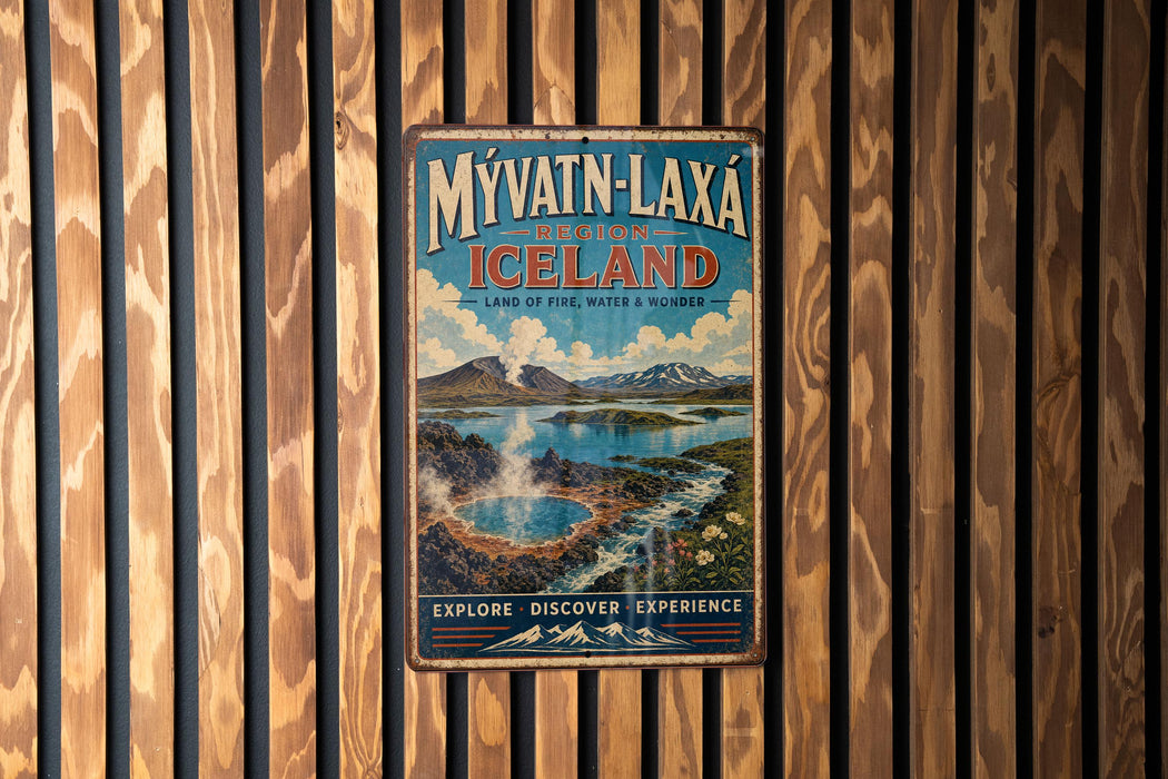 a vintage travel poster advertising Iceland, with a scenic landscape of mountains, waterfalls, and a hot spring.