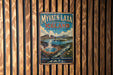 a vintage travel poster advertising Iceland, with a scenic landscape of mountains, waterfalls, and a hot spring.