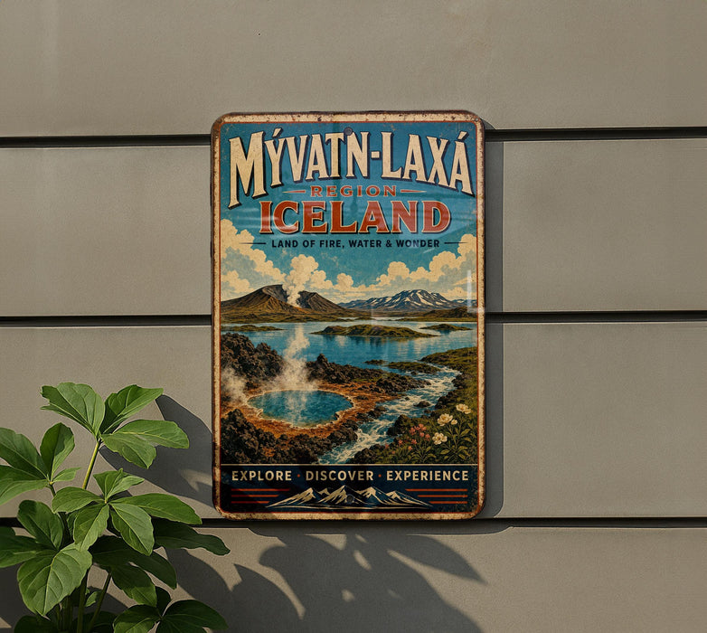 A vintage travel poster advertising Iceland, featuring a scenic landscape with a hot spring, mountains, and waterfalls.