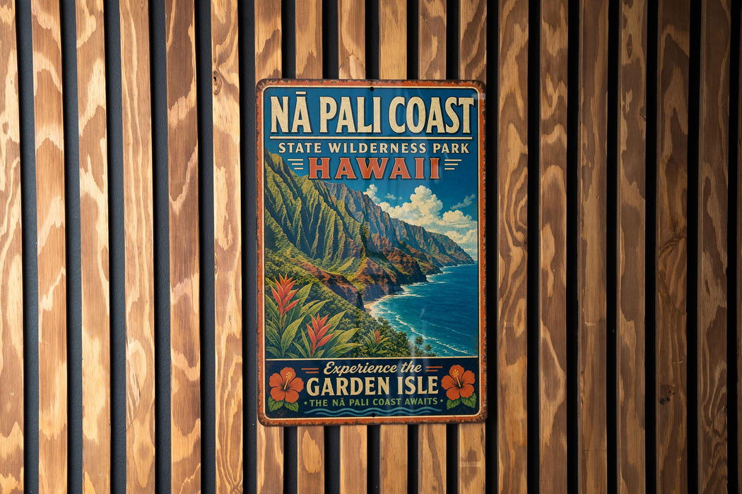 A vintage metal sign for Na Pali Coast State Wilderness Park in Hawaii, featuring a scenic mountain landscape with a beach and ocean.