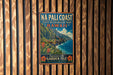 A vintage metal sign for Na Pali Coast State Wilderness Park in Hawaii, featuring a scenic mountain landscape with a beach and ocean.