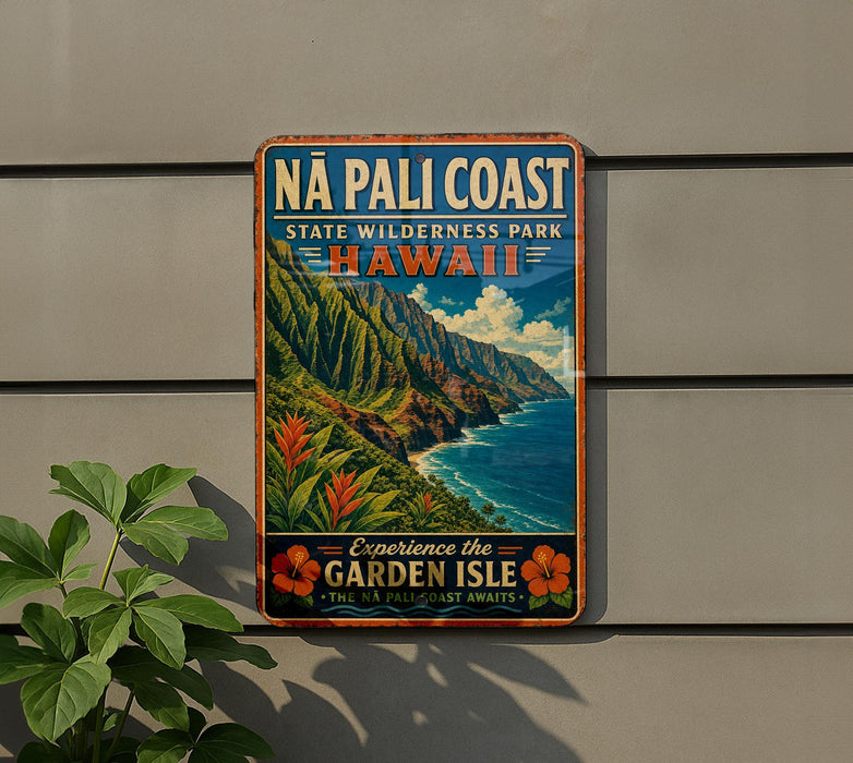 A vintage-style metal sign for the Na Pali Coast, Hawaii, featuring a scenic mountain landscape with a blue ocean and green vegetation.