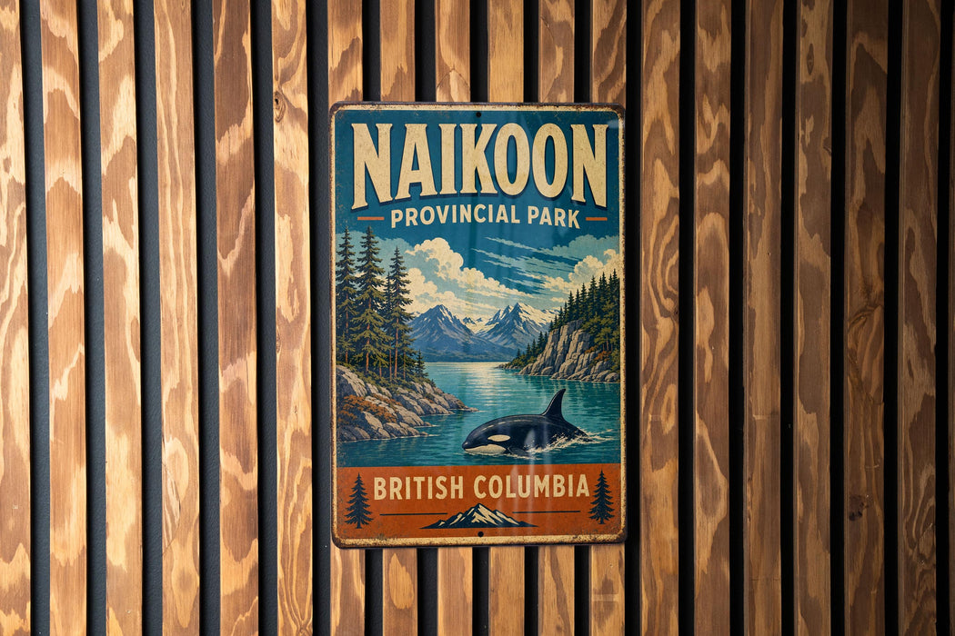 A vintage metal sign for NaiKoon Provincial Park in British Columbia, Canada, featuring a scenic landscape with mountains, trees, and a whale in the water.
