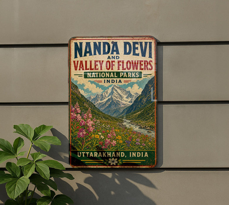 A vintage-style sign advertising the Nanda Devi Valley of Flowers in India, featuring a scenic mountain landscape with colorful flowers.
