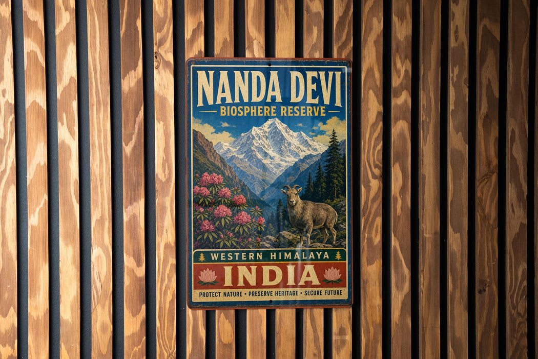 A vintage-style metal sign for the Nanda Devi Biosphere Reserve in Western Himalaya, India, featuring a mountain landscape with a goat and pink flowers.