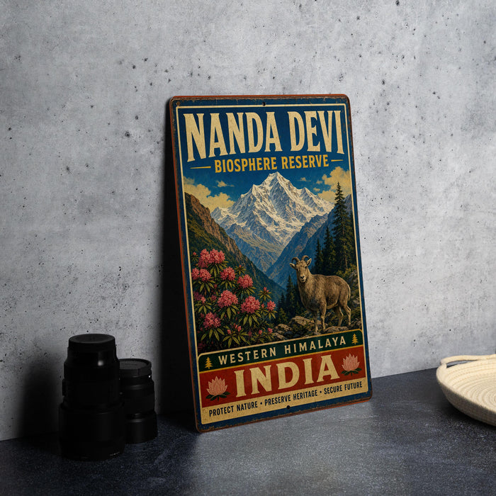 A vintage-style metal sign for the Nanda Devi Biosphere Reserve in Western Himalaya, India, featuring a mountain landscape with a goat and pink flowers.