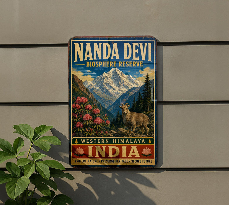 A vintage-style sign for the Nanda Devi Biosphere Reserve in Western Himalaya, India, featuring a mountain landscape with a goat and pink flowers.