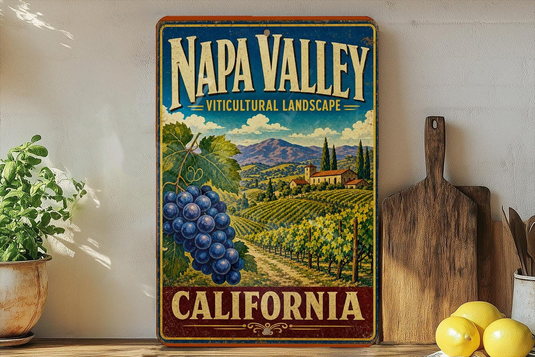 A vintage-style metal sign for Napa Valley, California, featuring a vineyard landscape with grapes and mountains in the background.