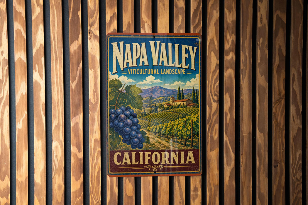 A vintage metal sign with the text "NAPA VALLEY VITICULTURAL LANDSCAPE" and "CALIFORNIA" is displayed on a wooden wall.