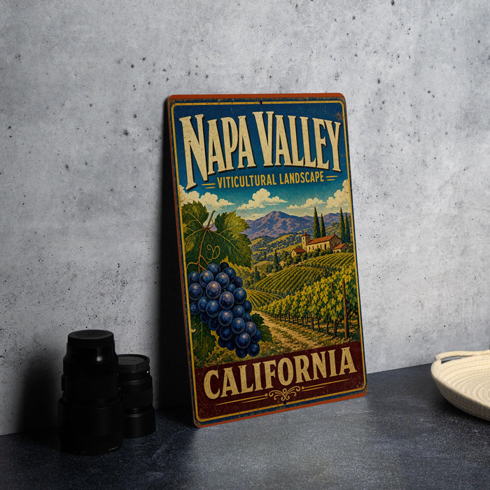A vintage-style metal sign for Napa Valley, California, featuring a vineyard landscape with grapes and buildings in the background.
