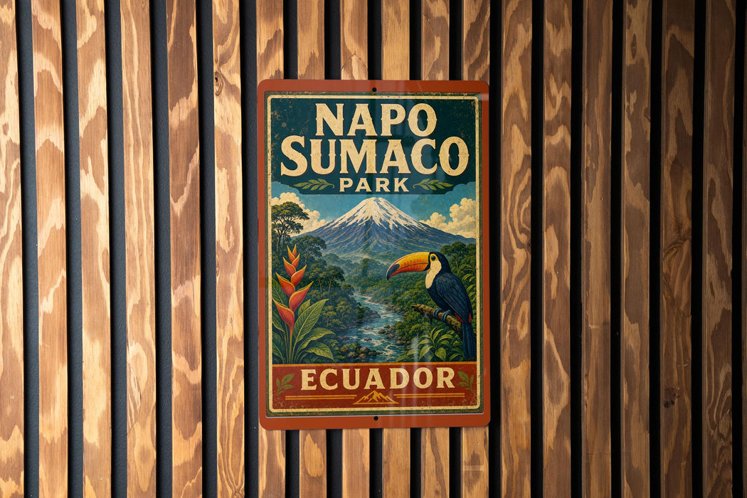 A vintage-style metal sign for Napo Sumaco Park in Ecuador, featuring a tropical landscape with a toucan and a mountain in the background.