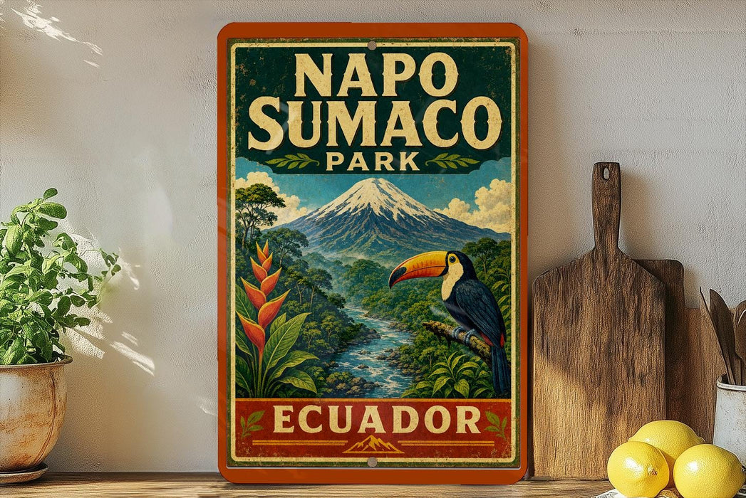 A vintage-style sign for Napo Sumaco Park in Ecuador, featuring a tropical landscape with a mountain, palm trees, and a toucan.
