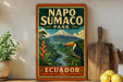 A vintage-style sign for Napo Sumaco Park in Ecuador, featuring a tropical landscape with a mountain, palm trees, and a toucan.