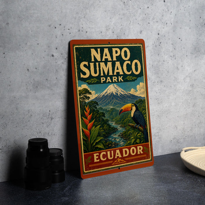 A vintage-style sign for Napo Sumaco Park in Ecuador, featuring a tropical landscape with a toucan and a mountain in the background.
