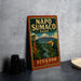 A vintage-style sign for Napo Sumaco Park in Ecuador, featuring a tropical landscape with a toucan and a mountain in the background.