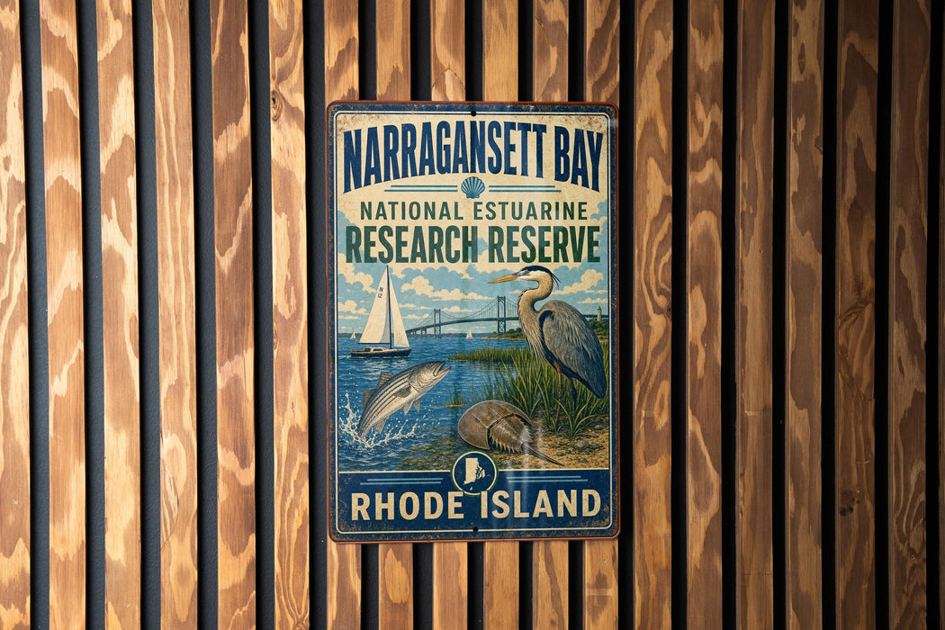A vintage-style metal sign for Narragansett Bay National Estuarine Research Reserve, featuring a sailboat, a crane, and a bird, is displayed on a wooden wall.
