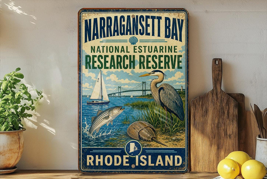 A vintage-style metal sign for Narragansett Bay National Estuarine Research Reserve, featuring illustrations of a sailboat, a heron, and a bridge.