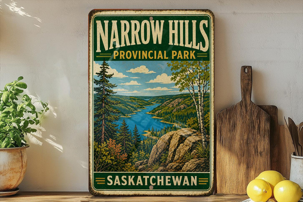A vintage-style sign for Narrow Hills Provincial Park in Saskatchewan, featuring a scenic landscape with a river, mountains, and pine trees.