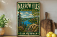 A vintage-style sign for Narrow Hills Provincial Park in Saskatchewan, featuring a scenic landscape with a river, mountains, and pine trees.