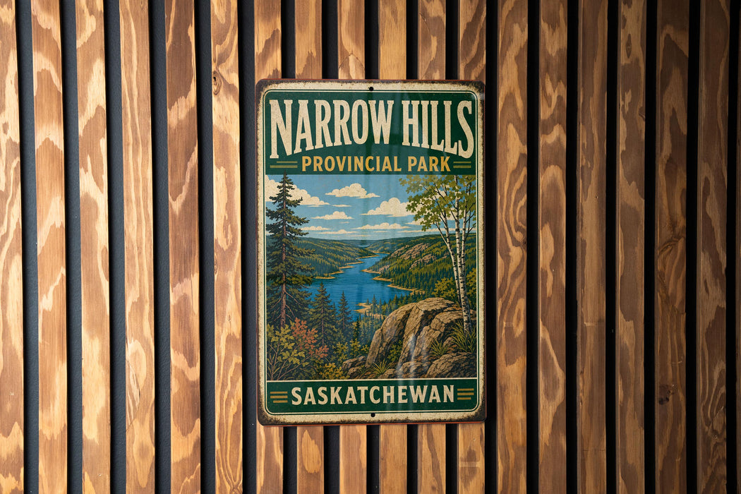 A vintage metal sign for Narrow Hills Provincial Park in Saskatchewan, featuring a scenic landscape with a lake and mountains.