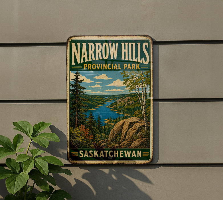A vintage-style sign for Narrow Hills Provincial Park in Saskatchewan, featuring a scenic landscape with pine trees, a lake, and mountains.