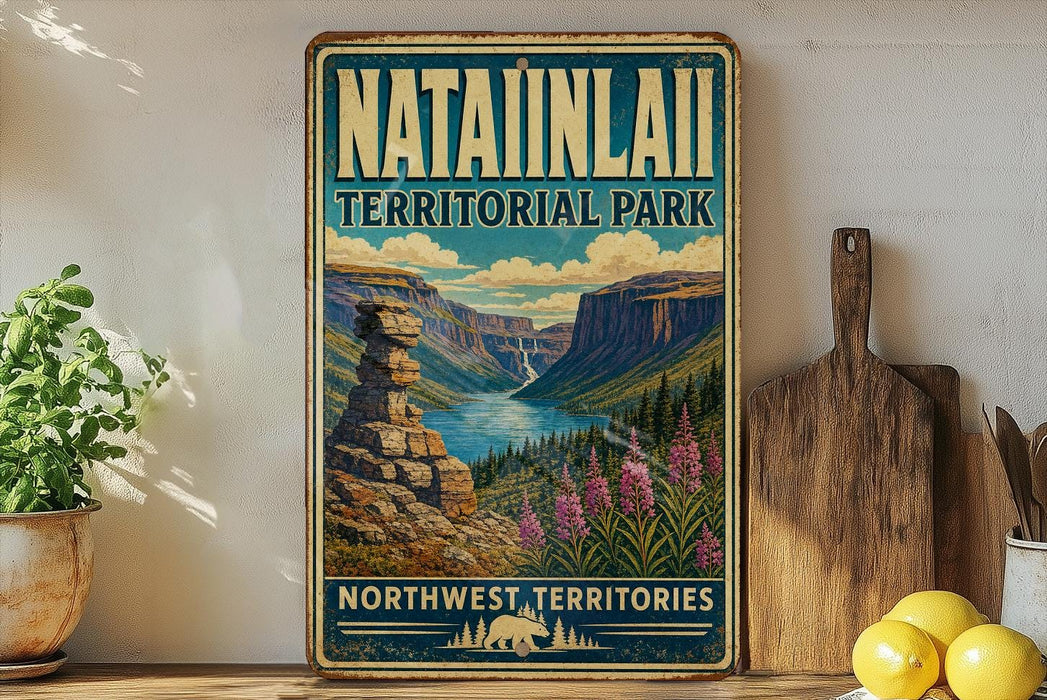 A vintage-style sign for Natainli Territorial Park, featuring a scenic mountain landscape with a river and wildflowers.