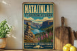 A vintage-style sign for Natainli Territorial Park, featuring a scenic mountain landscape with a river and wildflowers.