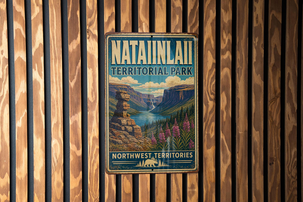 A vintage-style metal sign for "NATAINLAI TERRITORIAL PARK" is displayed on a wooden wall.