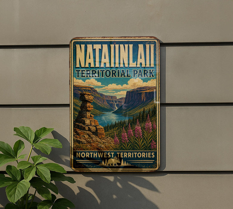 A vintage-style sign for "NATAINLAII TERRITORIAL PARK" is displayed on a wall, featuring a scenic mountain landscape with a waterfall.