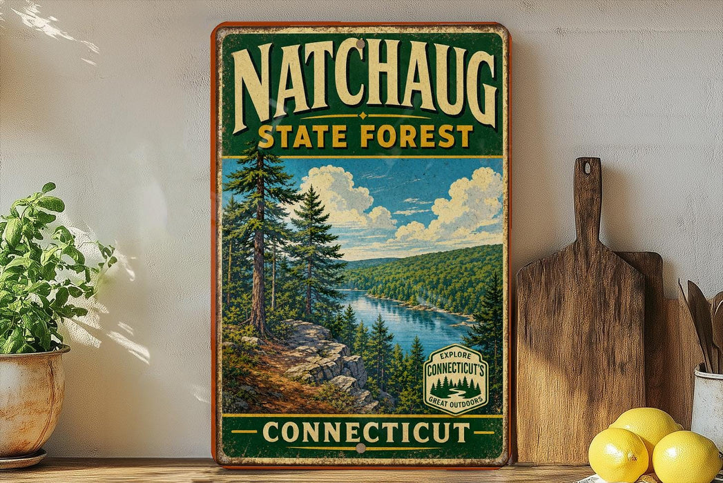 A vintage-style sign for the Natchaug State Forest in Connecticut, featuring a scenic landscape with pine trees, a river, and mountains.