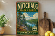 A vintage-style sign for the Natchaug State Forest in Connecticut, featuring a scenic landscape with pine trees, a river, and mountains.