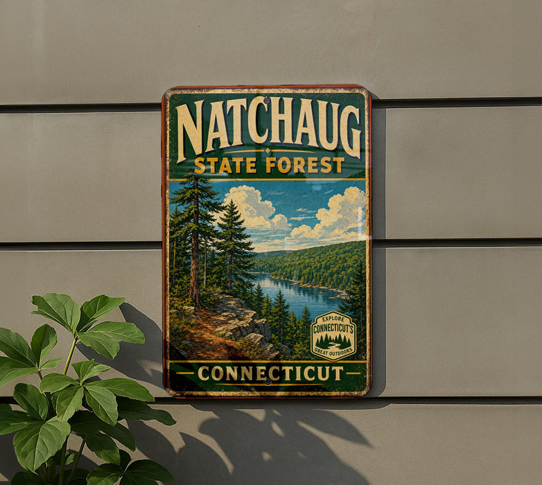 A vintage metal sign for the state forest in Connecticut, featuring a scenic landscape with pine trees, a river, and mountains.