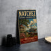 A vintage-style poster for Natchez National Historical Park, featuring a house, a steamboat, and a river, with the text "Mississippi" and "Preserving our heritage sharing our history" prominently displayed.